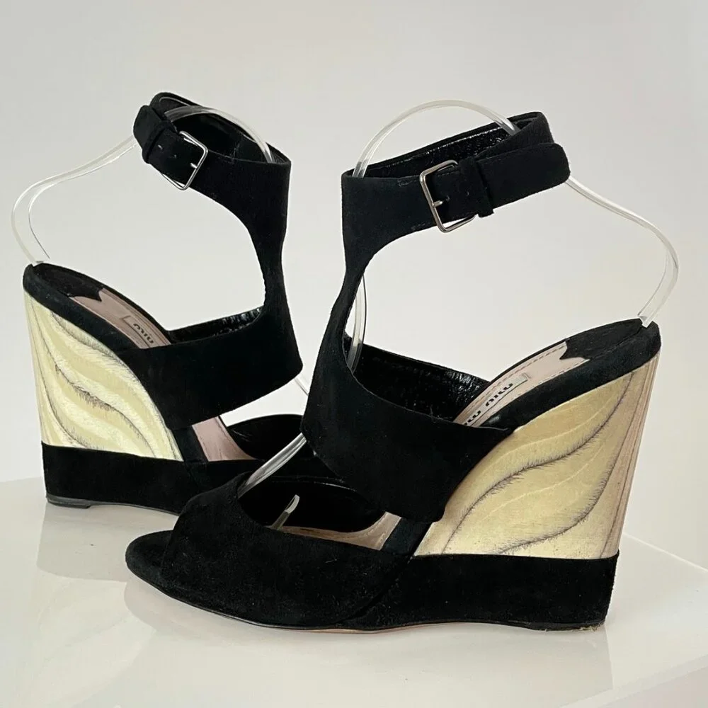 Runway | Miu Miu Suede Sandal Wedge | Black & Marblized Wood | T Strap Platform